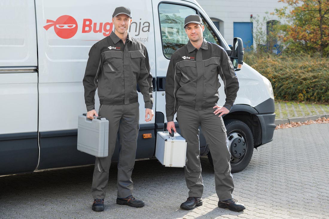 Two Bug Ninja Pest Control workers standing outside their truck